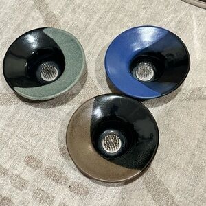 Set of 3 Hand-Glazed Ceramic Flower Frogs | Ikebana Style | Mid-Century Modern